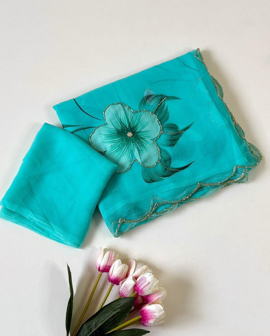 Premium Soft Chiffon Floral Print Saree with Handwork & Cutwork Border