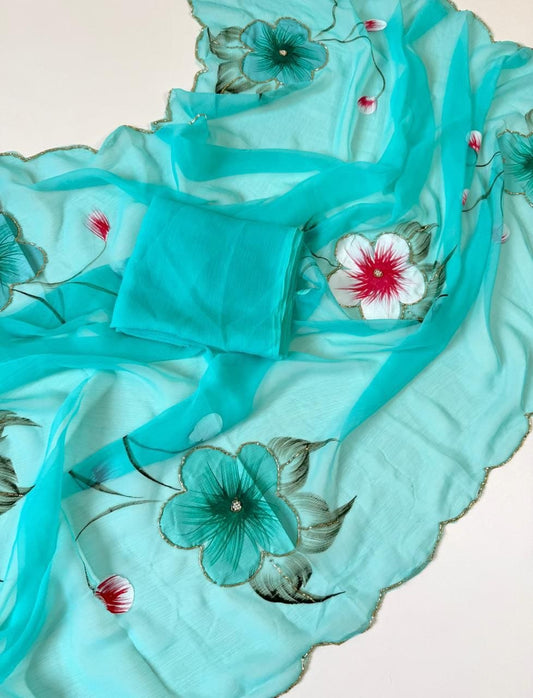 Premium Soft Chiffon Floral Print Saree with Handwork & Cutwork Border