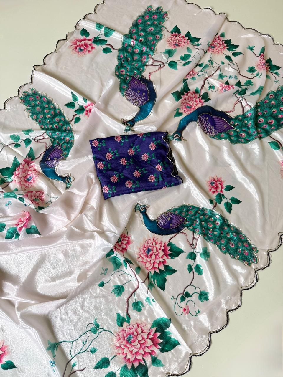 Soft Chinon Peacock Digital Print Saree with Real Mirror Handwork & Arco Cutwork Border | Designer Party Wear Saree with Contrast Blouse