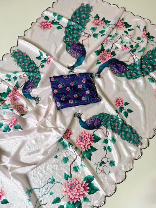 Soft Chinon Peacock Digital Print Saree with Real Mirror Handwork & Arco Cutwork Border | Designer Party Wear Saree with Contrast Blouse