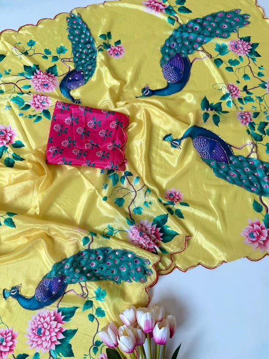 Soft Chinon Peacock Digital Print Saree with Real Mirror Handwork & Arco Cutwork Border | Designer Party Wear Saree with Contrast Blouse