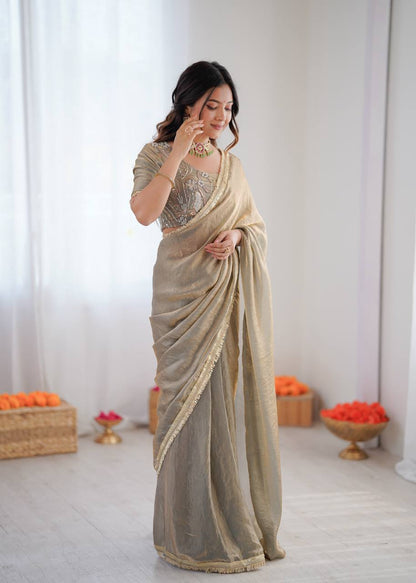 Premium Ready to Wear Heavy Fendi Silk Saree with Fancy Lace Border | Designer Party Wear, Wedding & Festive Saree with Embroidered Blouse
