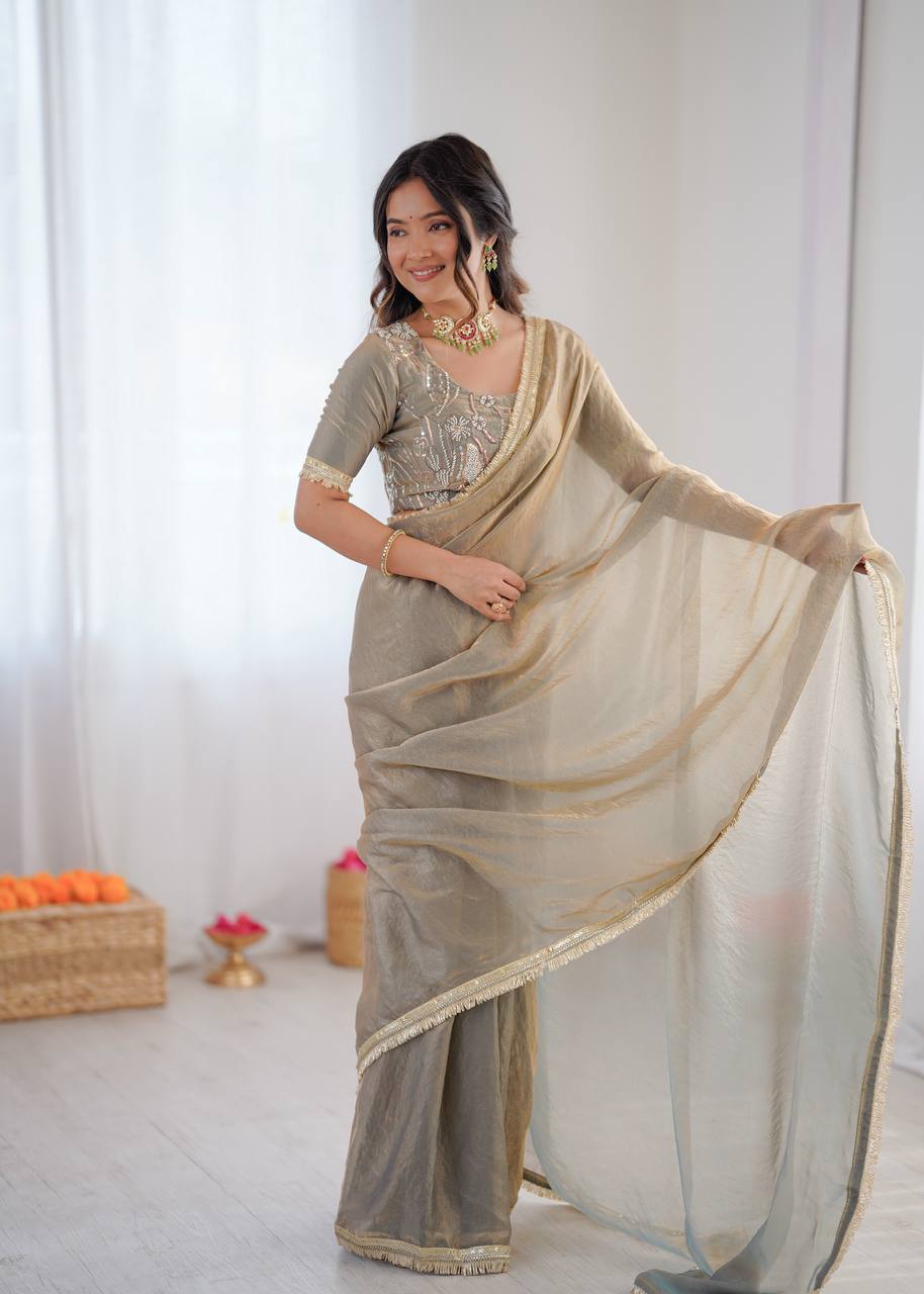 Premium Ready to Wear Heavy Fendi Silk Saree with Fancy Lace Border | Designer Party Wear, Wedding & Festive Saree with Embroidered Blouse