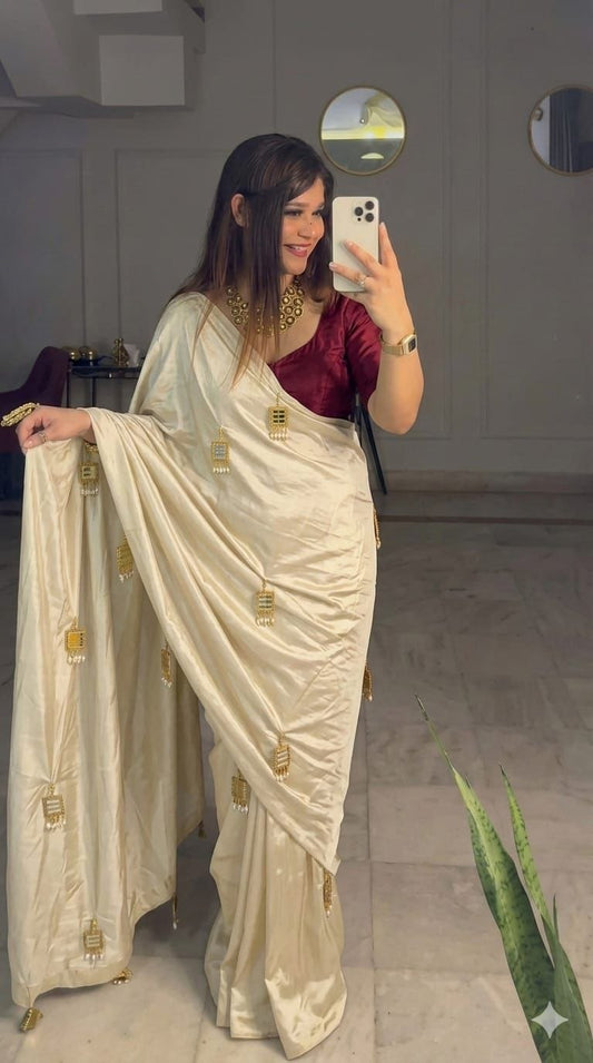 Premium Satin Silk Saree with Designer Mirror Latkan Work | Party Wear, Wedding & Festive Saree with Matching Blouse