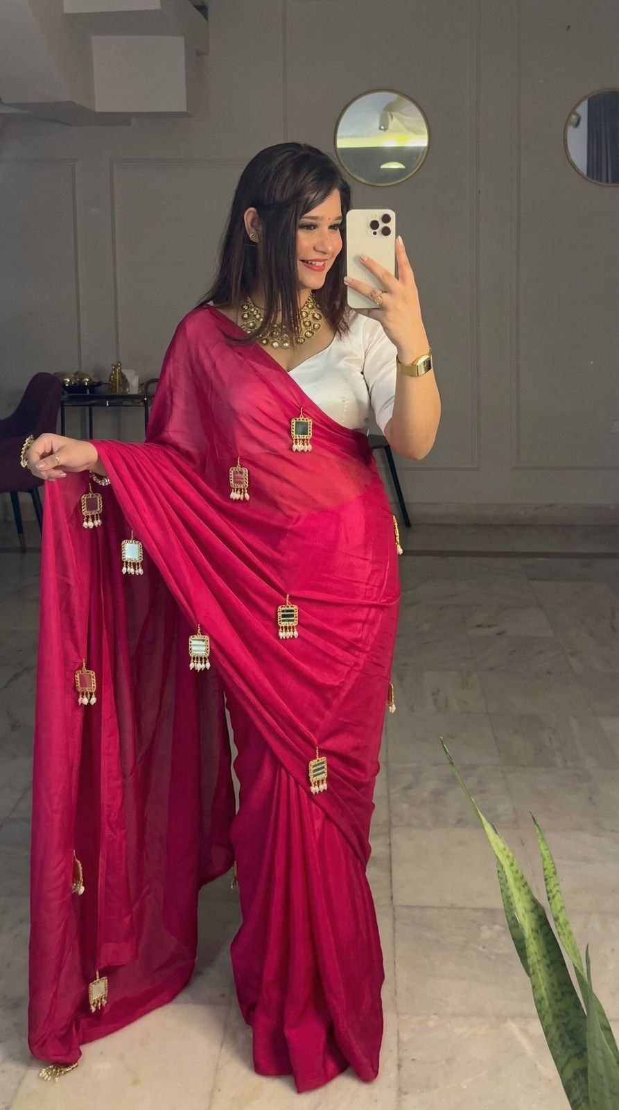 Premium Satin Silk Saree with Designer Mirror Latkan Work | Party Wear, Wedding & Festive Saree with Matching Blouse