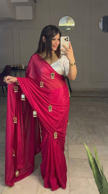 Premium Satin Silk Saree with Designer Mirror Latkan Work | Party Wear, Wedding & Festive Saree with Matching Blouse