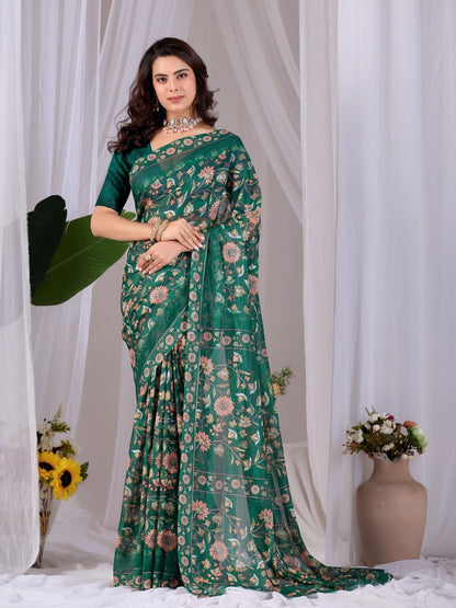 Premium Emerald Green Monsoon Saree with Floral Digital Print | Designer Party Wear Saree with Matching Blouse