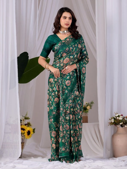 Premium Emerald Green Monsoon Saree with Floral Digital Print | Designer Party Wear Saree with Matching Blouse
