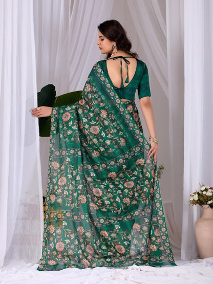 Premium Emerald Green Monsoon Saree with Floral Digital Print | Designer Party Wear Saree with Matching Blouse