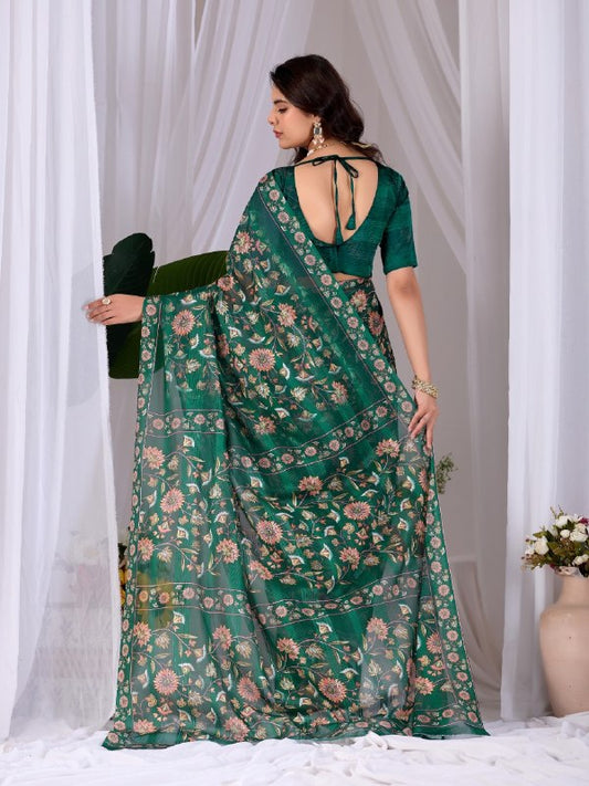 Premium Emerald Green Monsoon Saree with Floral Digital Print | Designer Party Wear Saree with Matching Blouse