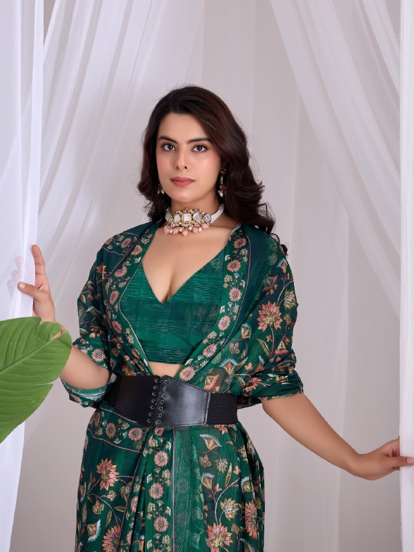 Premium Emerald Green Monsoon Saree with Floral Digital Print | Designer Party Wear Saree with Matching Blouse