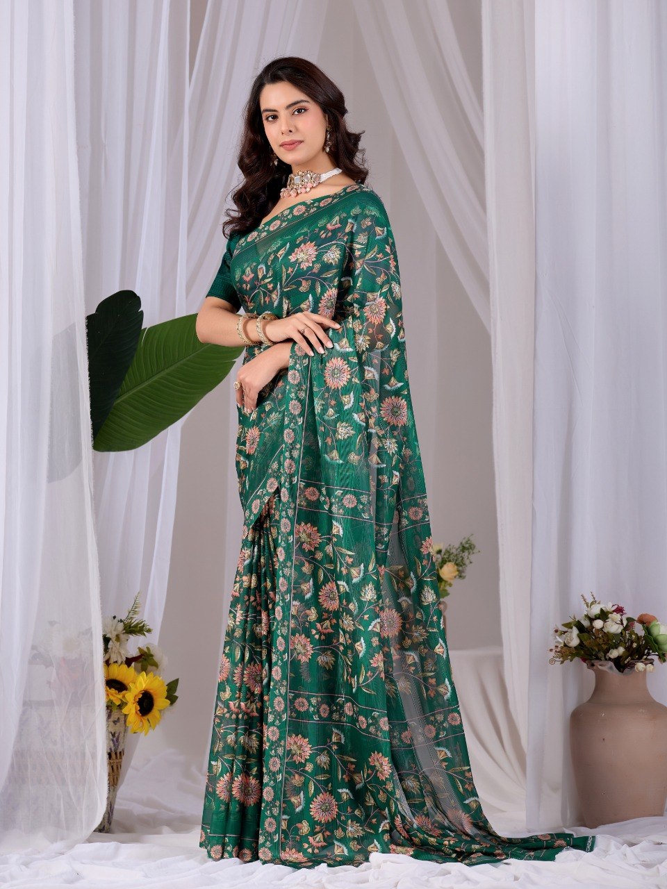 Premium Emerald Green Monsoon Saree with Floral Digital Print | Designer Party Wear Saree with Matching Blouse