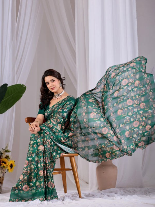 Premium Emerald Green Monsoon Saree with Floral Digital Print | Designer Party Wear Saree with Matching Blouse