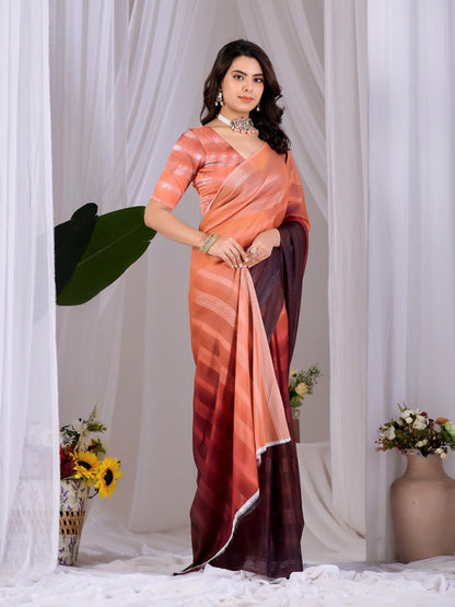Premium Ombre Monsoon Saree in Peach & Wine | Designer Party Wear Saree with Matching Blouse