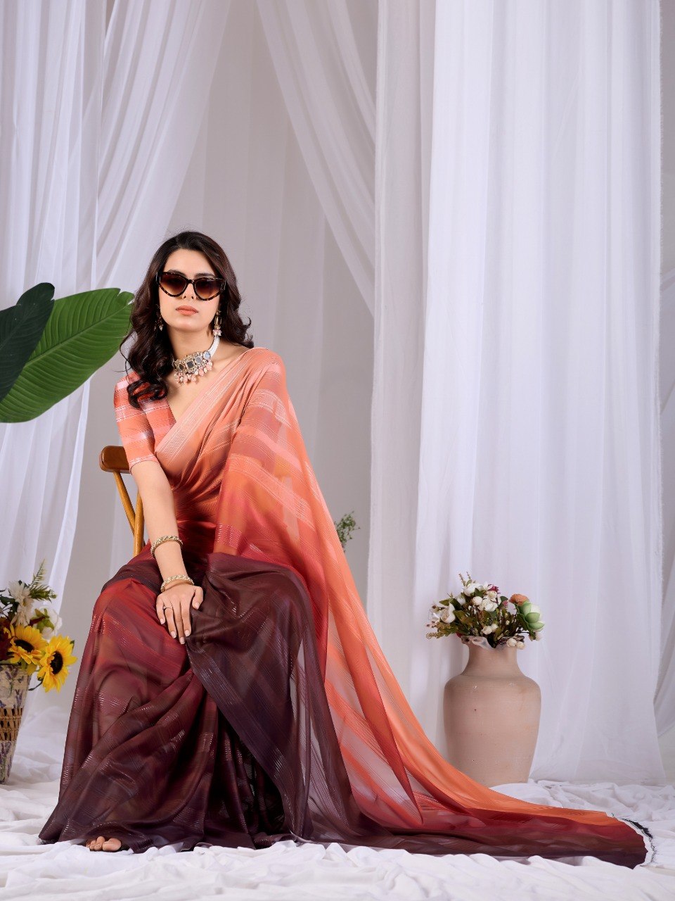 Premium Ombre Monsoon Saree in Peach & Wine | Designer Party Wear Saree with Matching Blouse