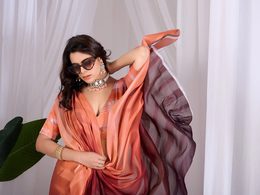 Premium Ombre Monsoon Saree in Peach & Wine | Designer Party Wear Saree with Matching Blouse