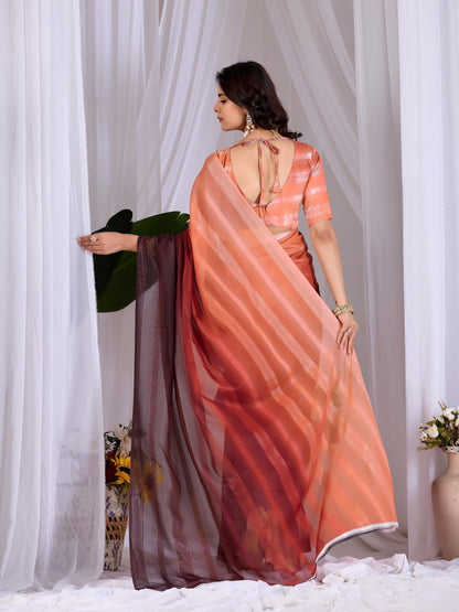 Premium Ombre Monsoon Saree in Peach & Wine | Designer Party Wear Saree with Matching Blouse