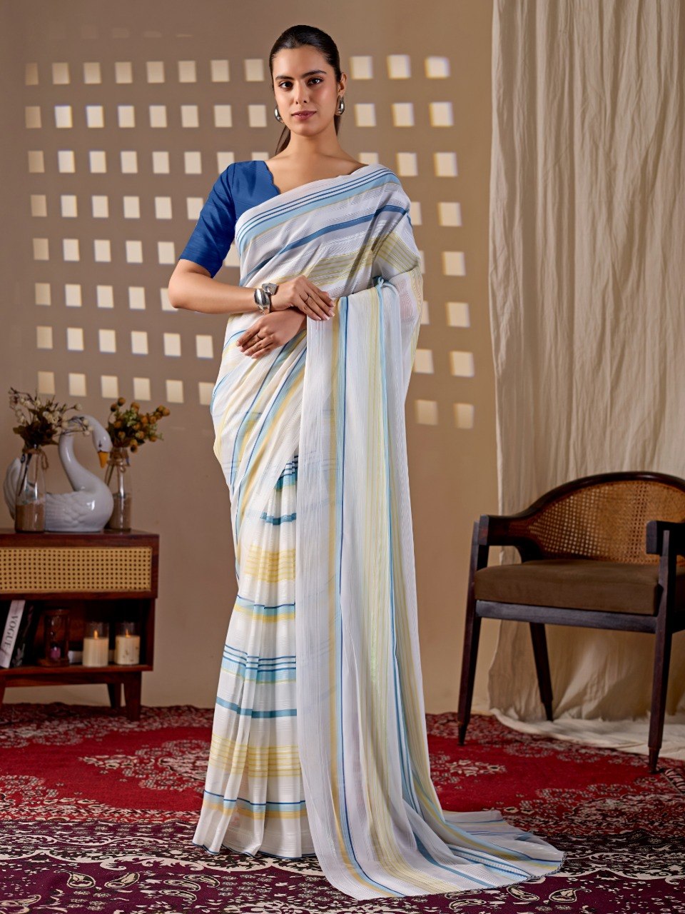 Premium White Monsoon Saree with Blue & Yellow Stripes | Elegant Designer Party Wear Saree with Matching Blouse