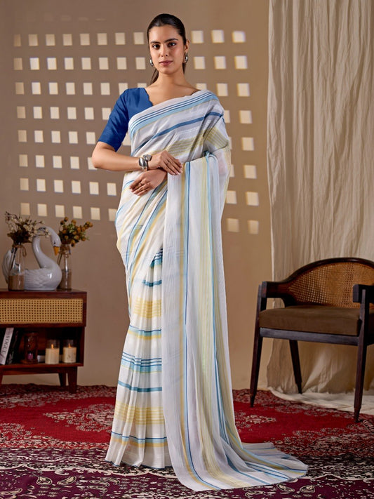 Premium White Monsoon Saree with Blue & Yellow Stripes | Elegant Designer Party Wear Saree with Matching Blouse
