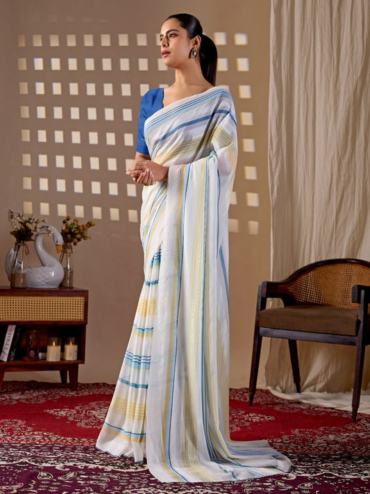 Premium White Monsoon Saree with Blue & Yellow Stripes | Elegant Designer Party Wear Saree with Matching Blouse