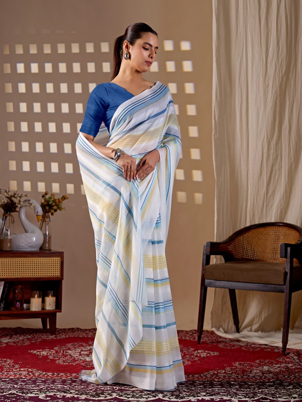 Premium White Monsoon Saree with Blue & Yellow Stripes | Elegant Designer Party Wear Saree with Matching Blouse