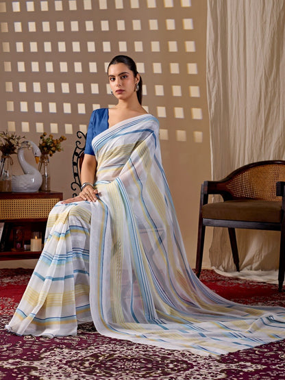 Premium White Monsoon Saree with Blue & Yellow Stripes | Elegant Designer Party Wear Saree with Matching Blouse