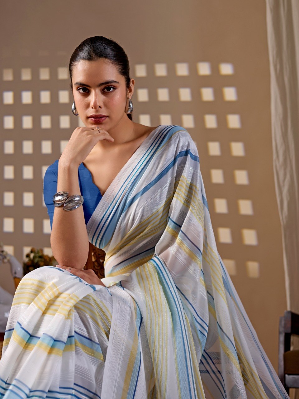 Premium White Monsoon Saree with Blue & Yellow Stripes | Elegant Designer Party Wear Saree with Matching Blouse