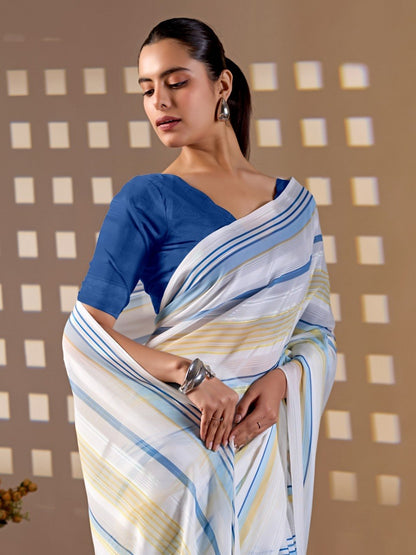 Premium White Monsoon Saree with Blue & Yellow Stripes | Elegant Designer Party Wear Saree with Matching Blouse