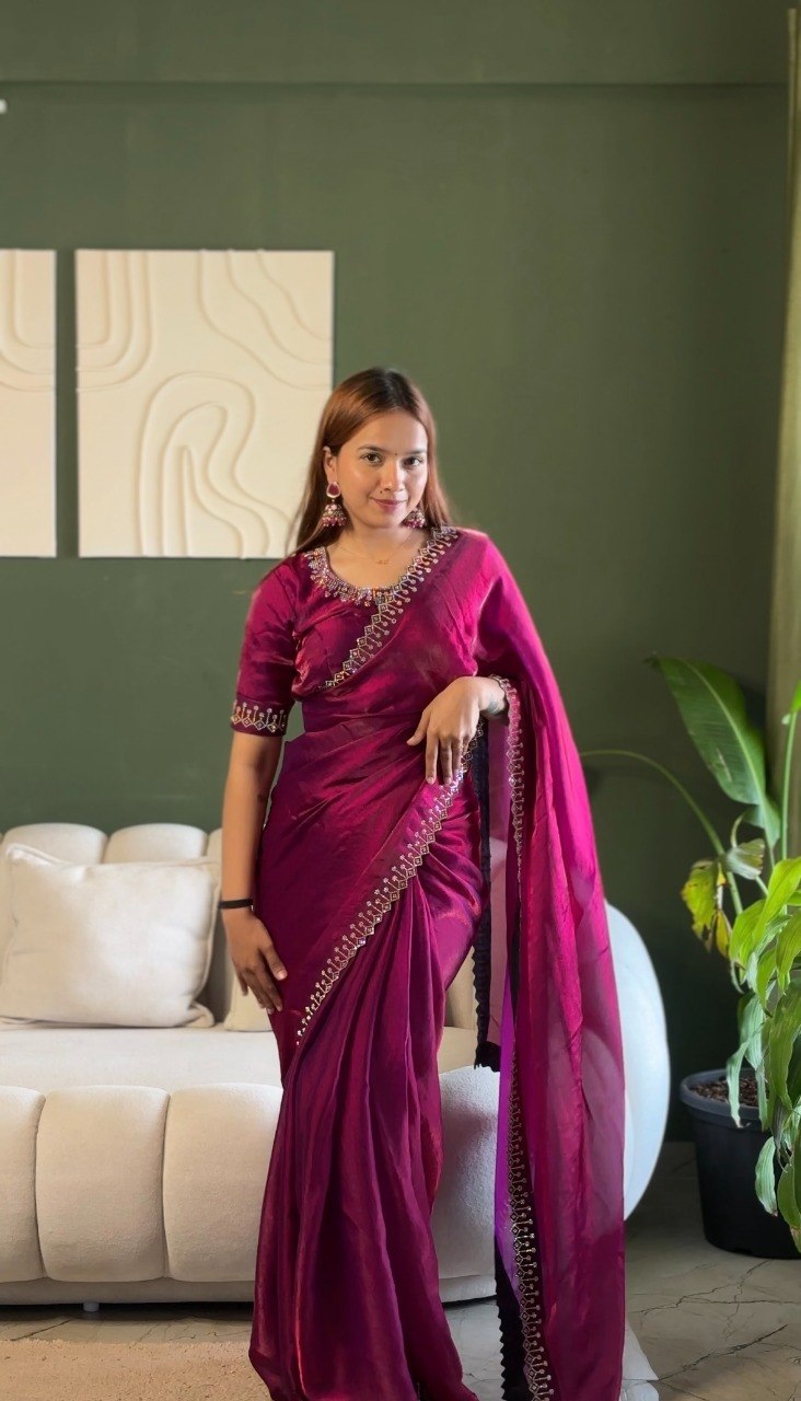 Premium Space Silk Saree with Zarkan Diamond Work | Designer Party Wear, Wedding & Festive Saree with Matching Blouse