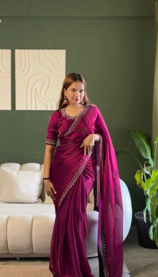 Premium Space Silk Saree with Zarkan Diamond Work | Designer Party Wear, Wedding & Festive Saree with Matching Blouse