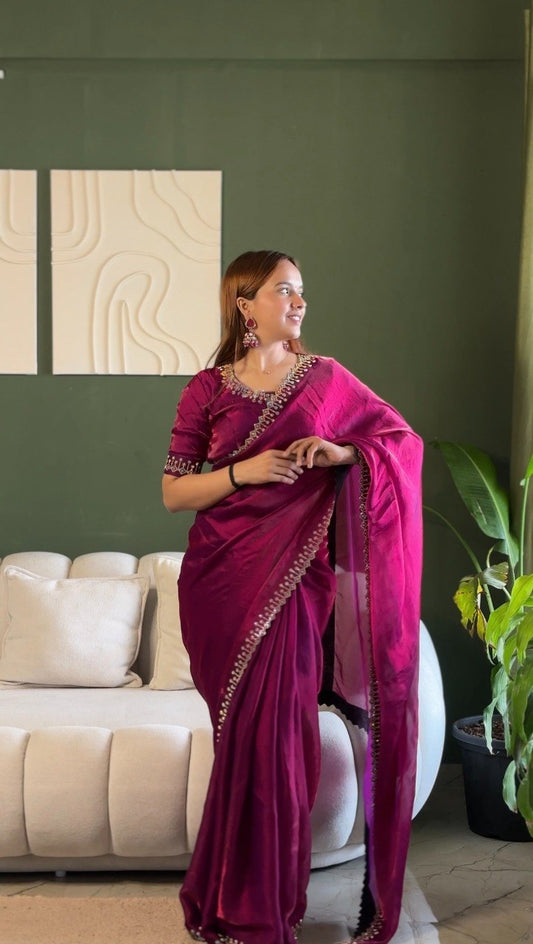 Premium Space Silk Saree with Zarkan Diamond Work | Designer Party Wear, Wedding & Festive Saree with Matching Blouse