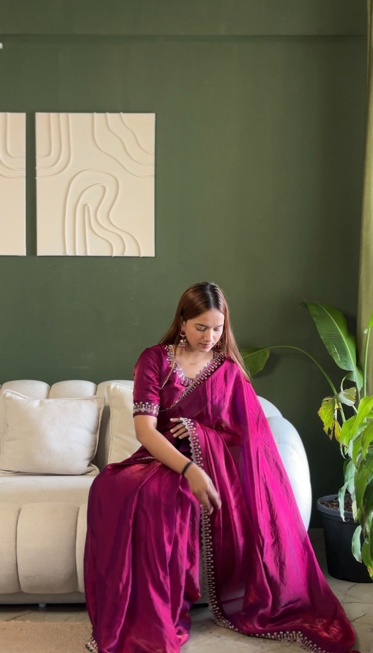 Premium Space Silk Saree with Zarkan Diamond Work | Designer Party Wear, Wedding & Festive Saree with Matching Blouse