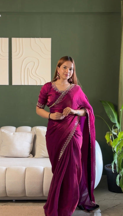 Premium Space Silk Saree with Zarkan Diamond Work | Designer Party Wear, Wedding & Festive Saree with Matching Blouse