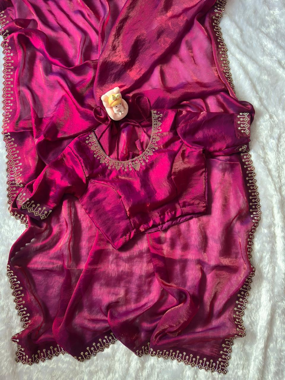 Premium Space Silk Saree with Zarkan Diamond Work | Designer Party Wear, Wedding & Festive Saree with Matching Blouse