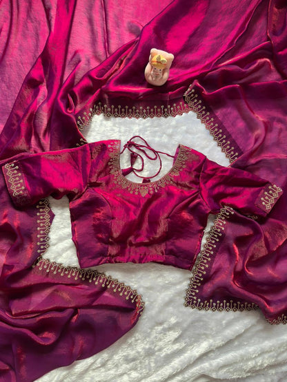Premium Space Silk Saree with Zarkan Diamond Work | Designer Party Wear, Wedding & Festive Saree with Matching Blouse