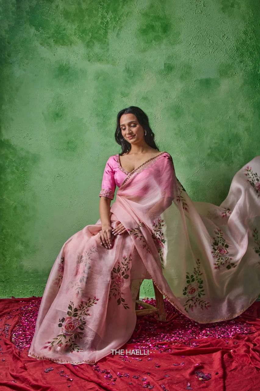 Premium Soft Tabby Floral & Sparrow Print Saree with Cutdana Handwork | Designer Party Wear, Wedding & Festive Saree with Jalpari Silk Blouse