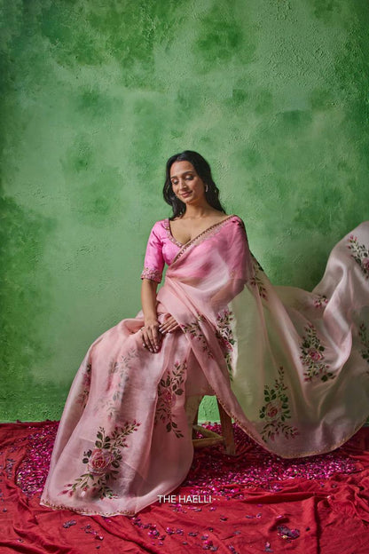 Premium Soft Tabby Floral & Sparrow Print Saree with Cutdana Handwork | Designer Party Wear, Wedding & Festive Saree with Jalpari Silk Blouse