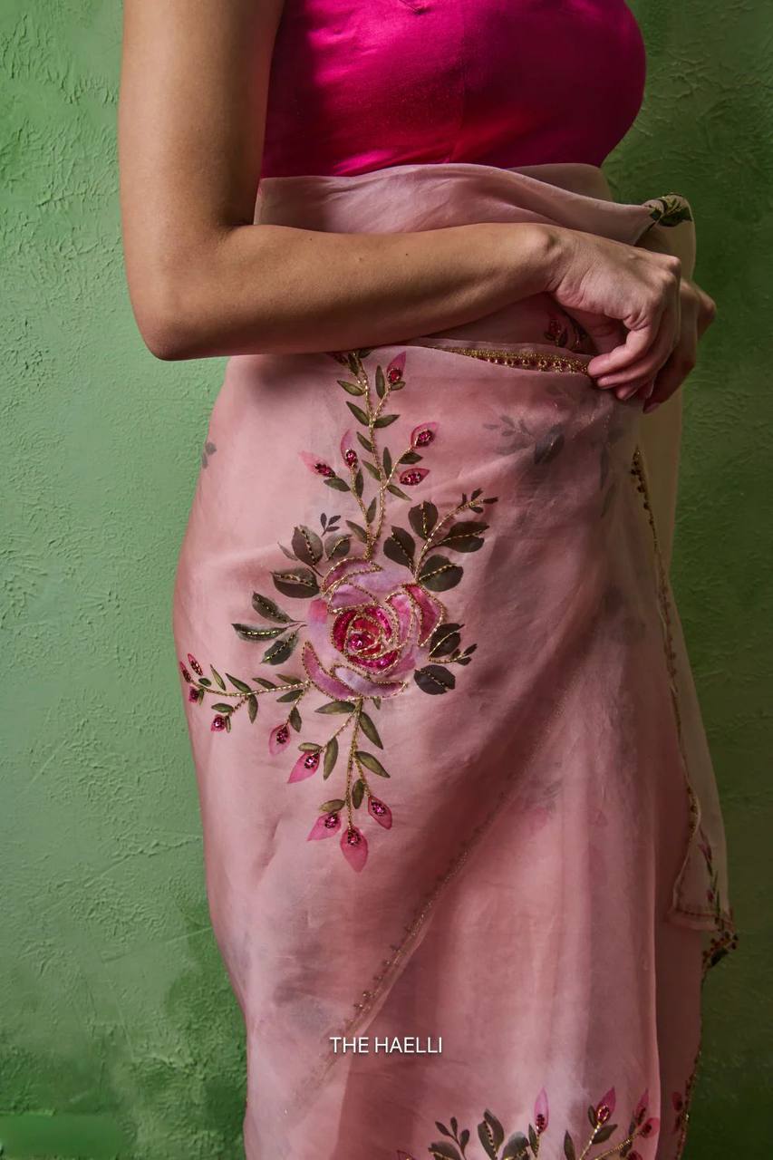 Premium Soft Tabby Floral & Sparrow Print Saree with Cutdana Handwork | Designer Party Wear, Wedding & Festive Saree with Jalpari Silk Blouse