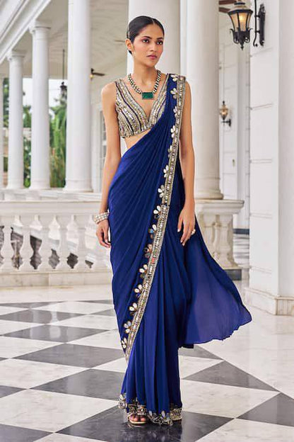 Premium Ready to Wear Faux Georgette Saree with Real Mirror Work | Designer Party Wear, Wedding & Festive Saree with Unstitched Blouse