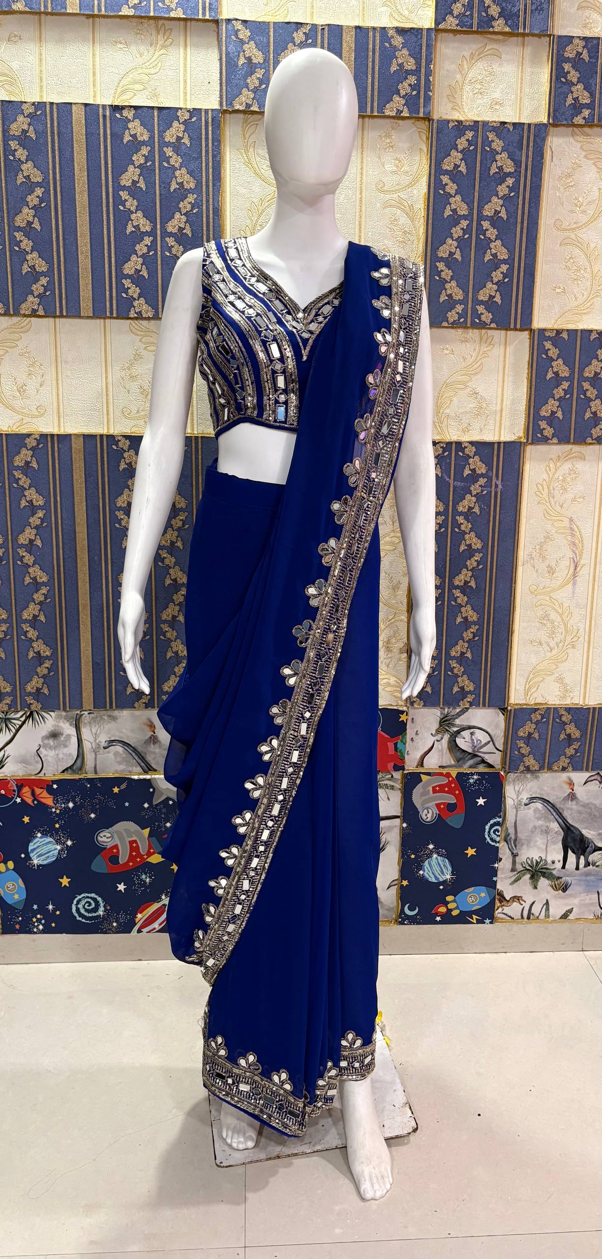 Premium Ready to Wear Faux Georgette Saree with Real Mirror Work | Designer Party Wear, Wedding & Festive Saree with Unstitched Blouse