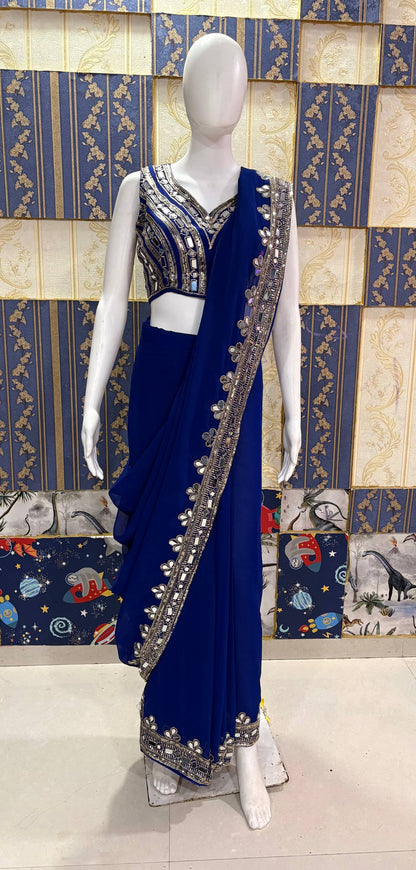 Premium Ready to Wear Faux Georgette Saree with Real Mirror Work | Designer Party Wear, Wedding & Festive Saree with Unstitched Blouse