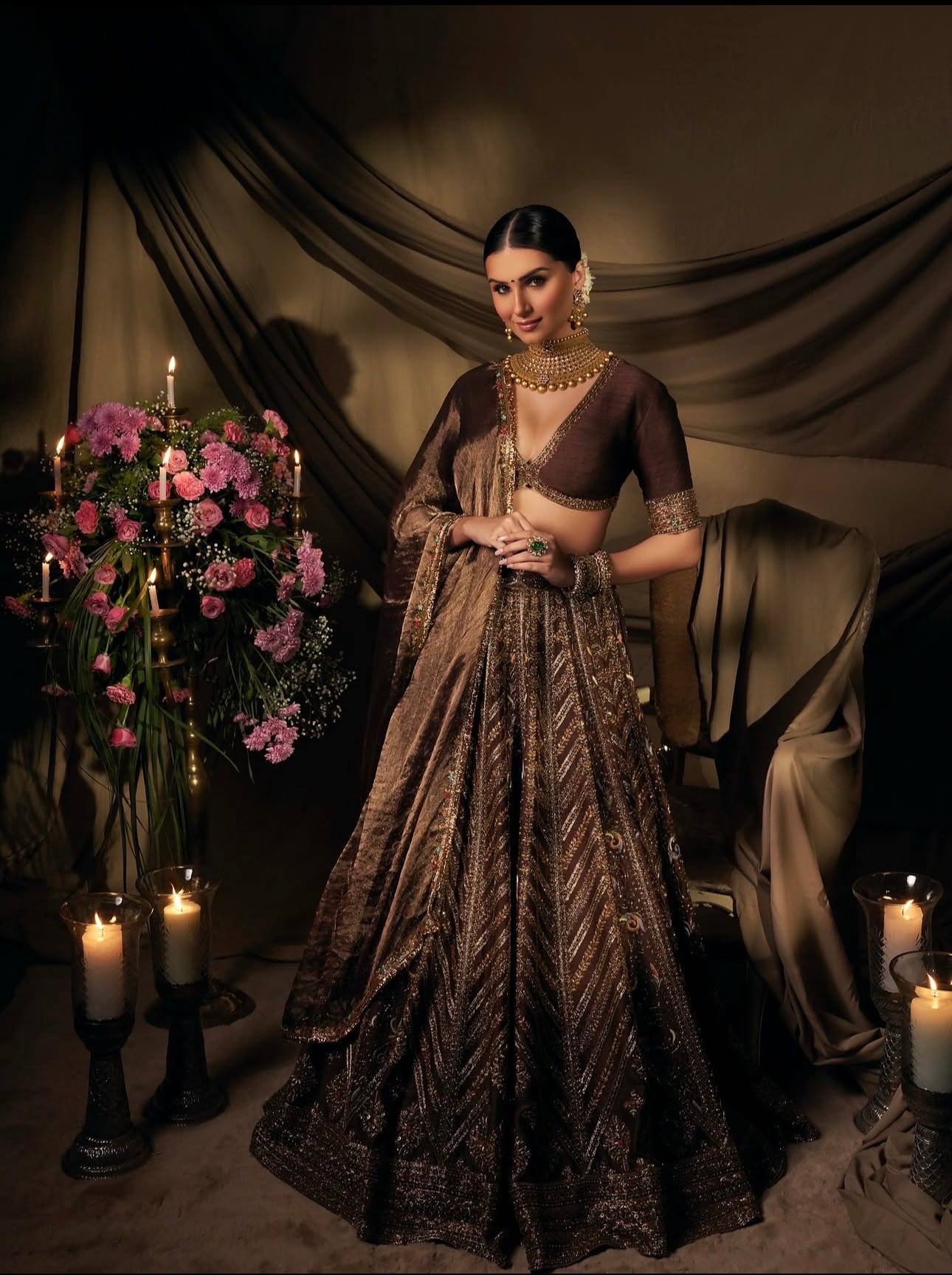 Unstitched Chocolate Brown Thai Silk Embroidered Lehenga Choli with Organza Dupatta | RO16901