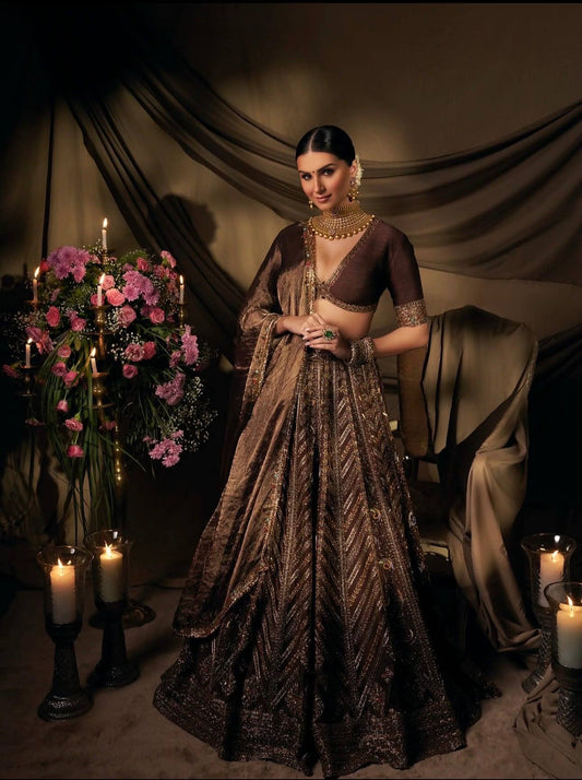 Unstitched Chocolate Brown Thai Silk Embroidered Lehenga Choli with Organza Dupatta | RO16901