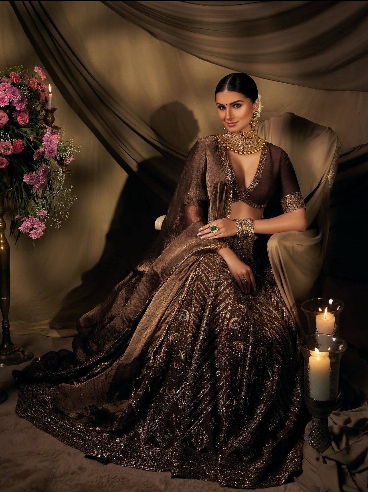 Unstitched Chocolate Brown Thai Silk Embroidered Lehenga Choli with Organza Dupatta | RO16901
