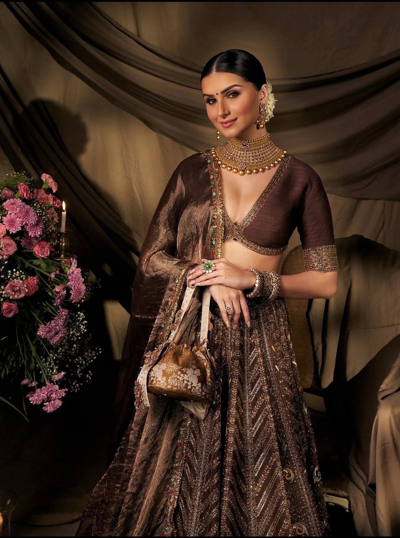 Unstitched Chocolate Brown Thai Silk Embroidered Lehenga Choli with Organza Dupatta | RO16901