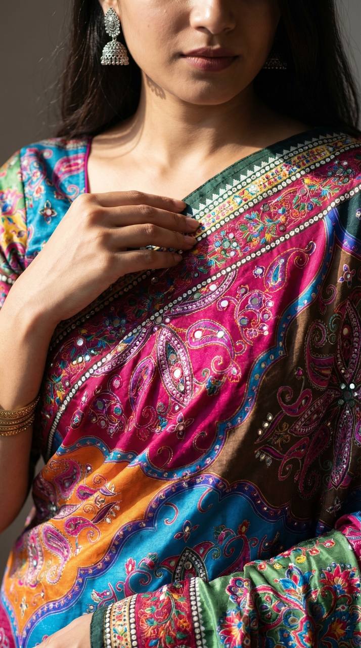 Premium Roman Silk Ajrakh Print Saree with Real Mirror Work | Designer Party Wear, Wedding & Festive Saree with Matching Blouse