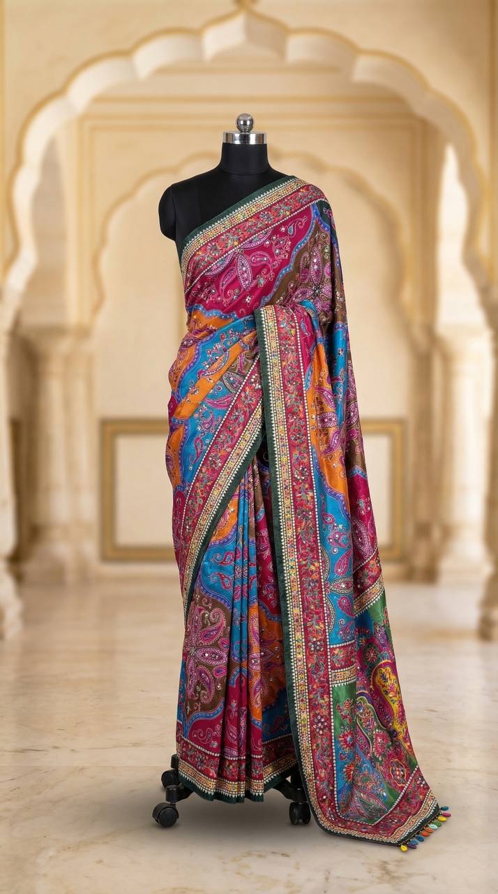 Premium Roman Silk Ajrakh Print Saree with Real Mirror Work | Designer Party Wear, Wedding & Festive Saree with Matching Blouse