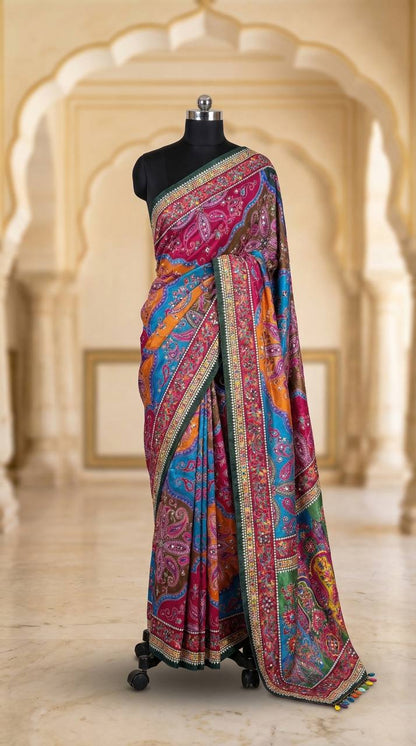 Premium Roman Silk Ajrakh Print Saree with Real Mirror Work | Designer Party Wear, Wedding & Festive Saree with Matching Blouse