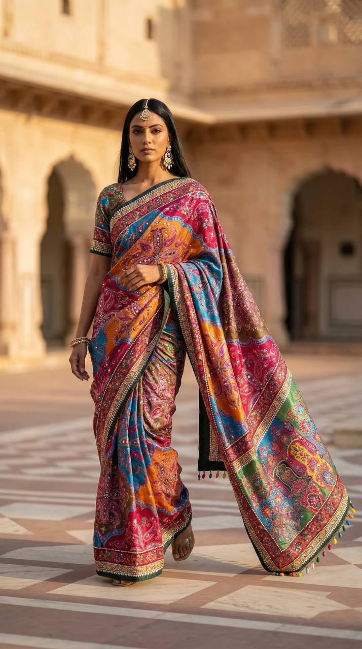 Premium Roman Silk Ajrakh Print Saree with Real Mirror Work | Designer Party Wear, Wedding & Festive Saree with Matching Blouse