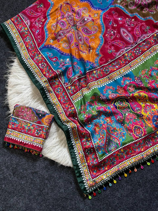 Premium Roman Silk Ajrakh Print Saree with Real Mirror Work | Designer Party Wear, Wedding & Festive Saree with Matching Blouse